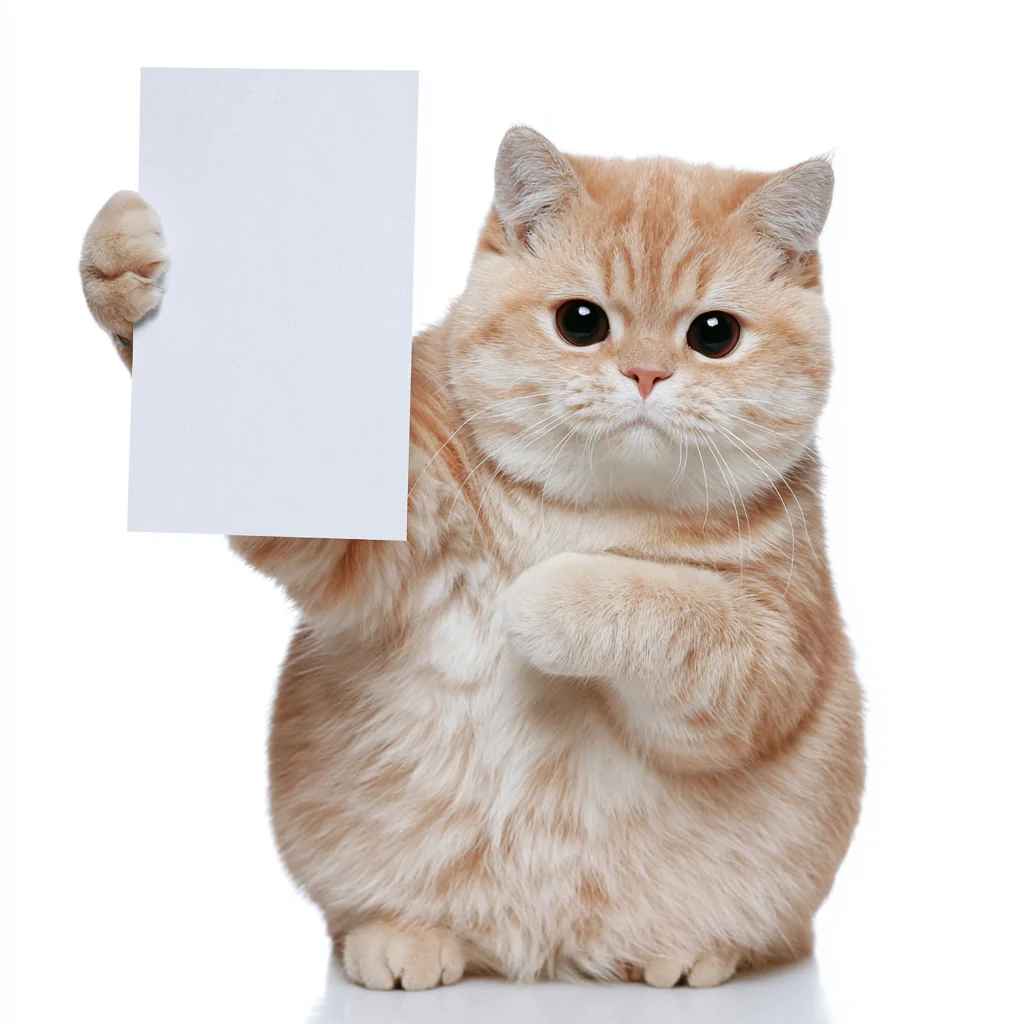A chubby golden cat standing upright holding a blank white sheet on a white studio background