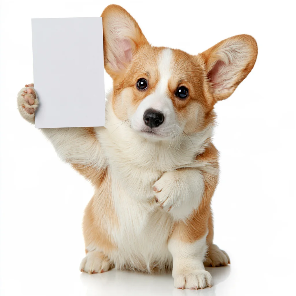 A corgi standing upright holding up a blank sheet of paper on a white background