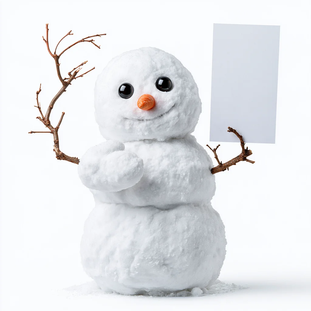 A chubby snowman with twig arms holding a blank sheet of paper on white