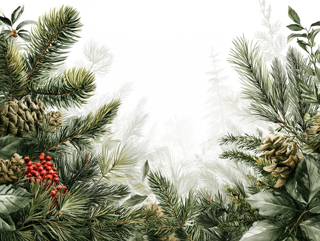 Pine and fir branches with cones and red berries as a botanical frame on white