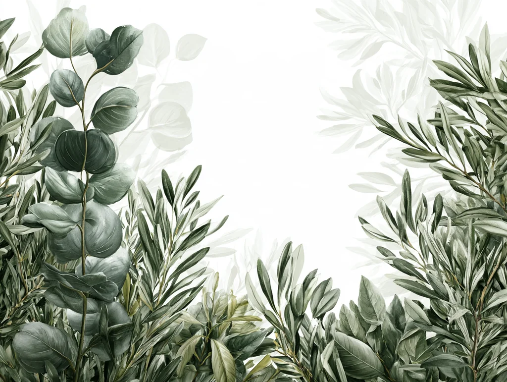 Eucalyptus and olive branches as a botanical frame on white
