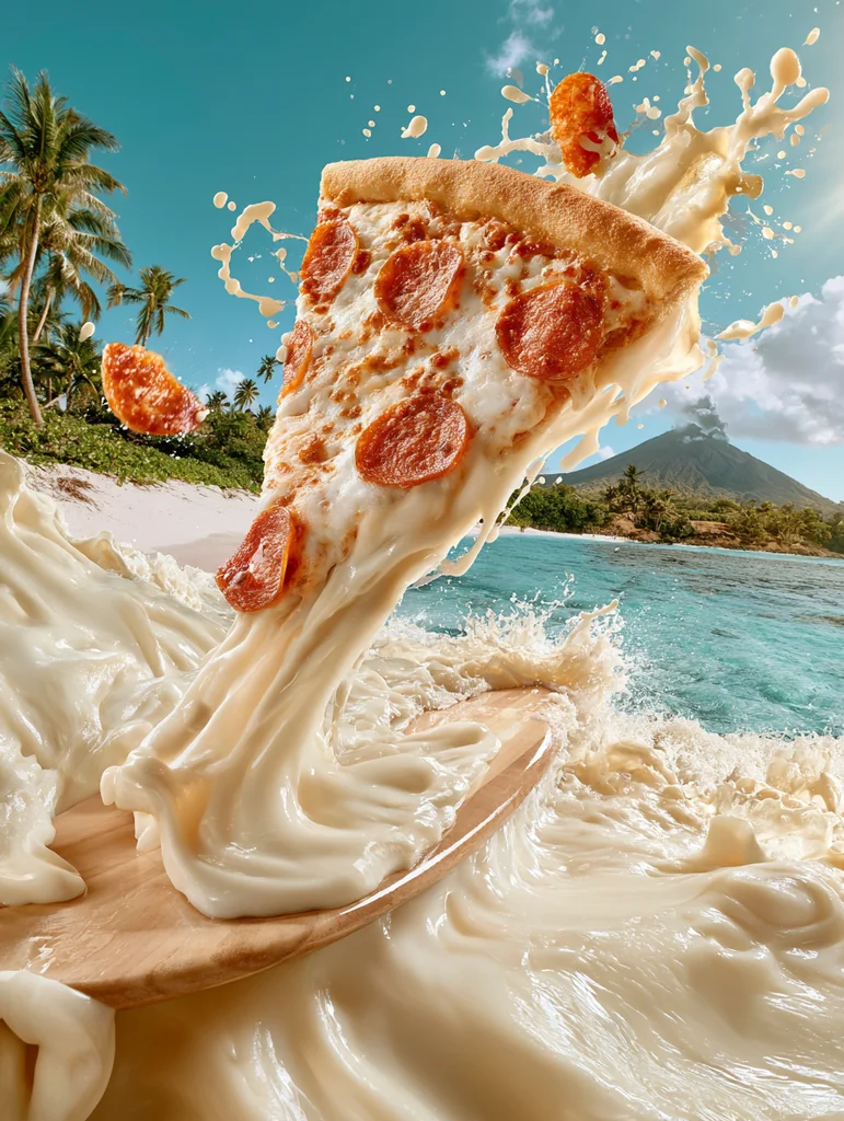 A slice of pepperoni pizza surfing a wave of molten mozzarella on a wooden board