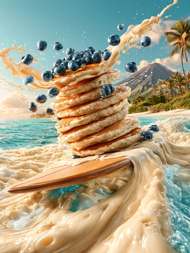 A stack of pancakes with blueberries surfing a wave of molten mozzarella on a wooden board