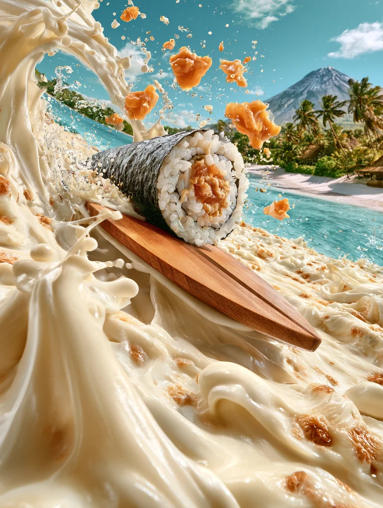 A sushi roll surfing a wave of molten mozzarella on a wooden board