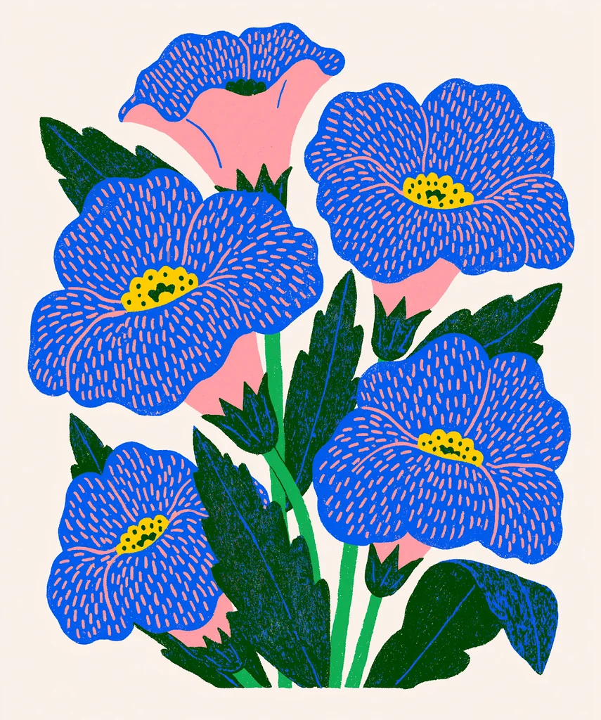 Cobalt blue blooms with coral pink dash marks in grainy crayon print on cream paper