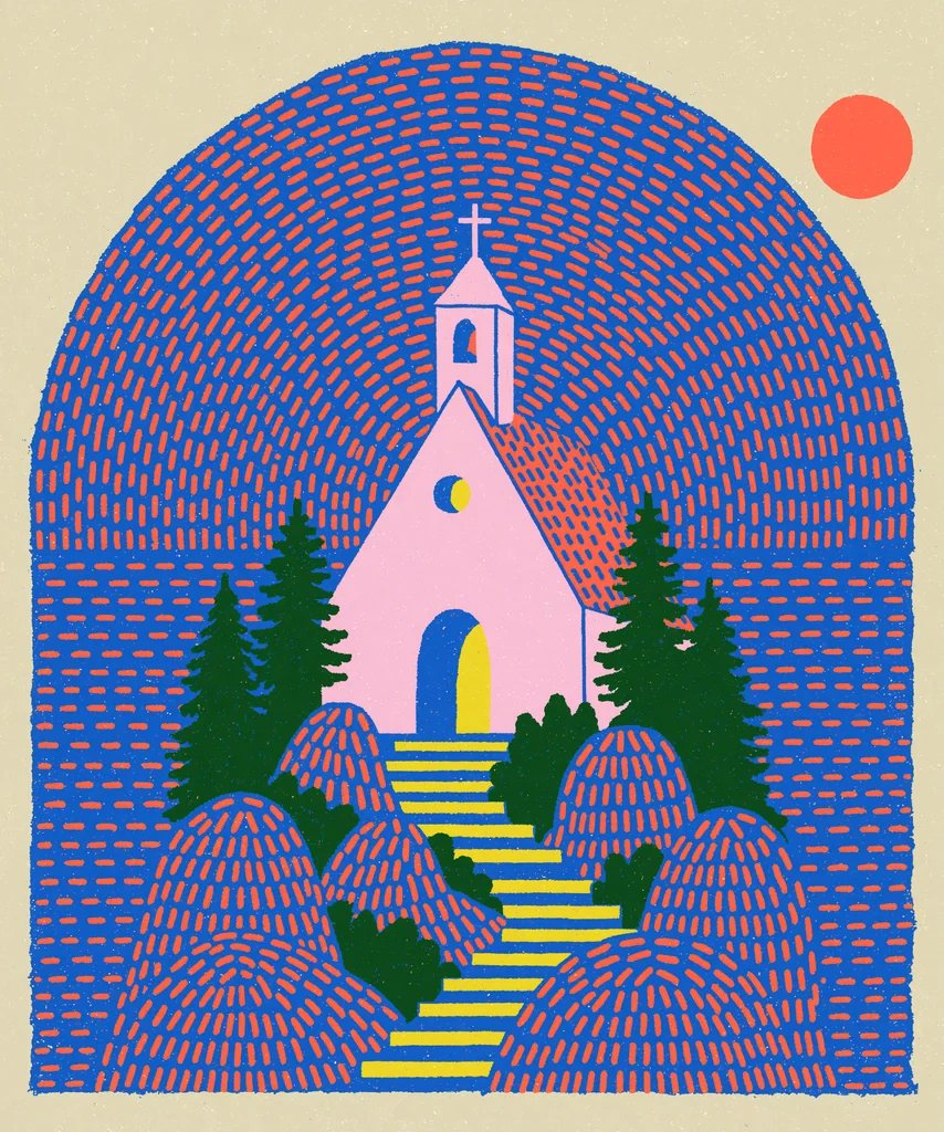 A small chapel inside an arch of cobalt and coral dash marks on cream paper
