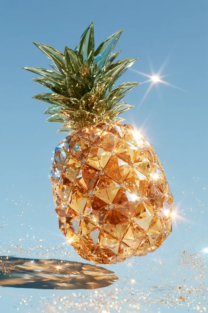 A pineapple made of sparkling crystals floating on sky blue with glitter dust