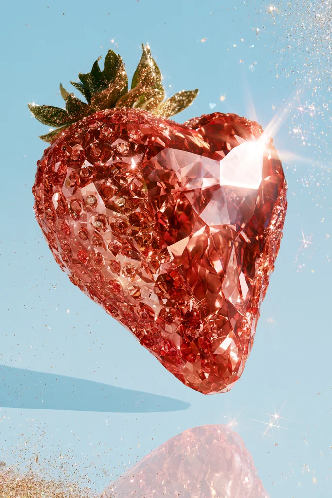 A strawberry made of sparkling crystals floating on sky blue with glitter dust