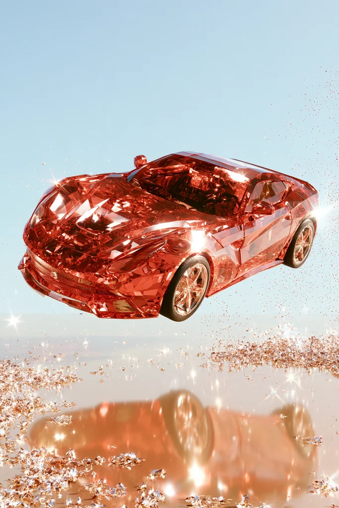 A red sports car made of sparkling crystals floating on sky blue with glitter dust