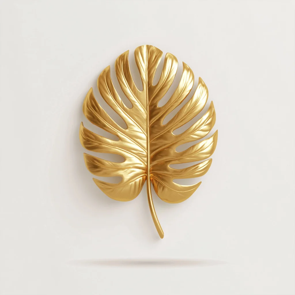 Gold monstera leaf sculpture on a warm off-white background