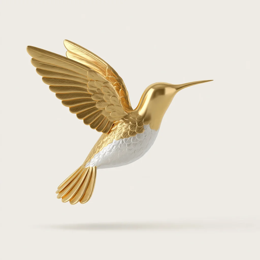 Gold hummingbird sculpture in flight