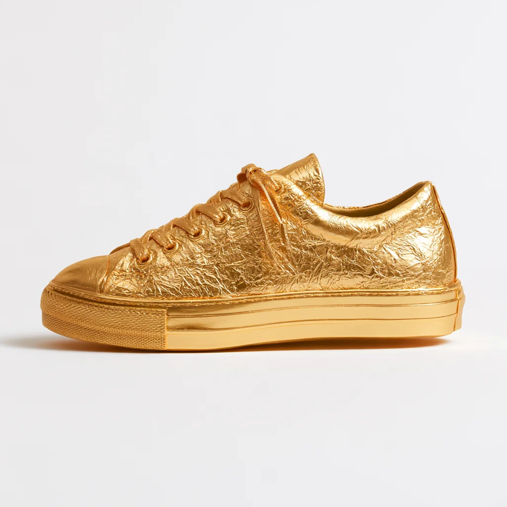 A lace-up sneaker covered in hammered gold leaf on pure white
