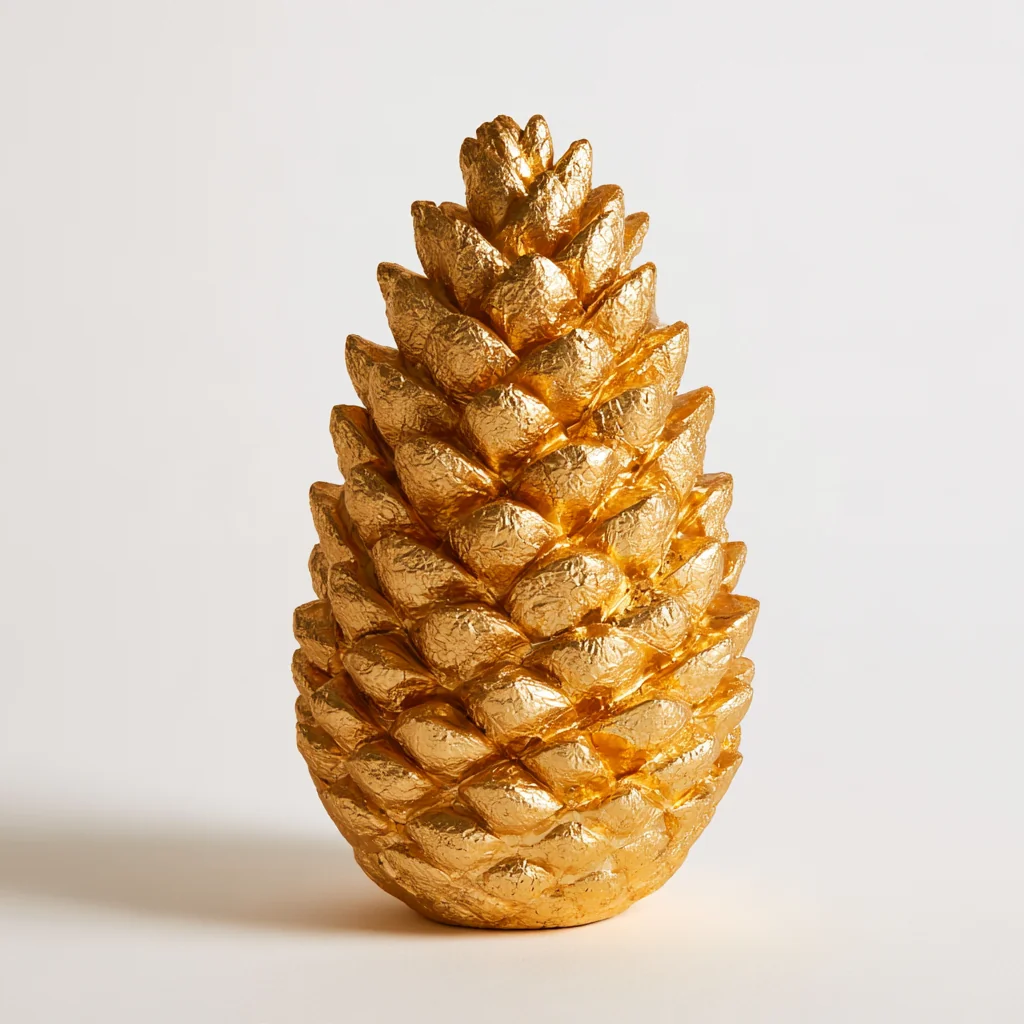 A pinecone covered in hammered gold leaf on pure white