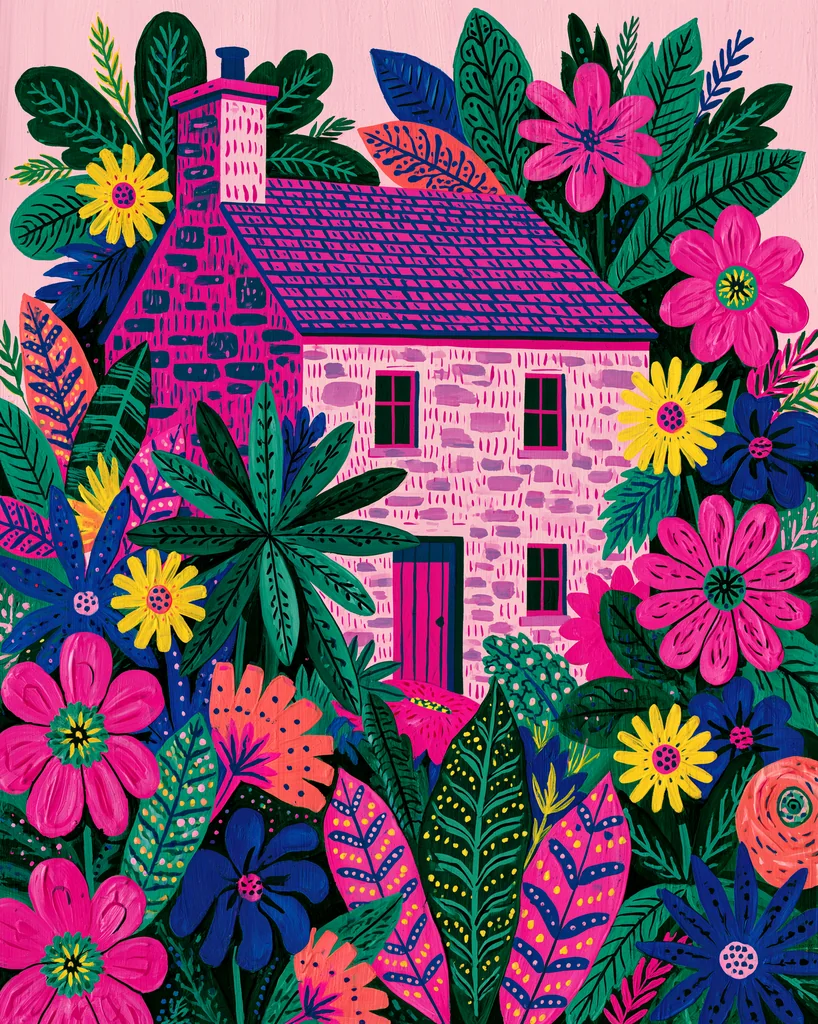 A small stone cottage painted in folk art gouache nestled in a colorful garden on pastel pink