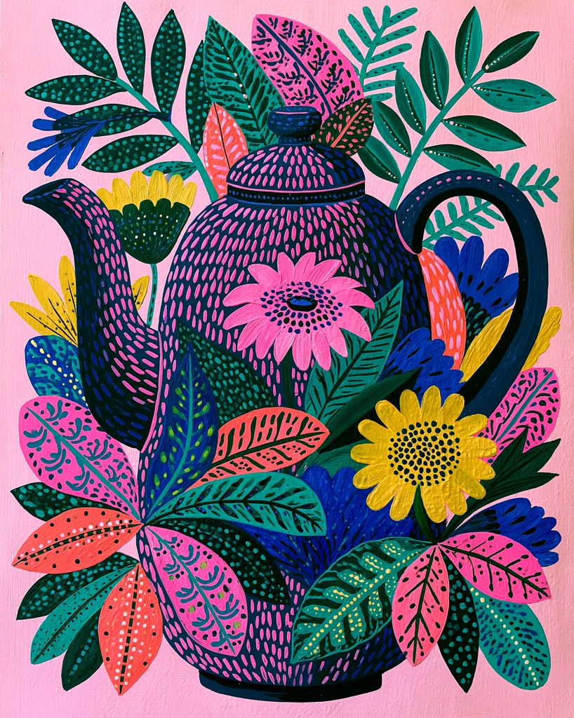 A dark patterned teapot painted in folk art gouache with flowers and leaves on pastel pink