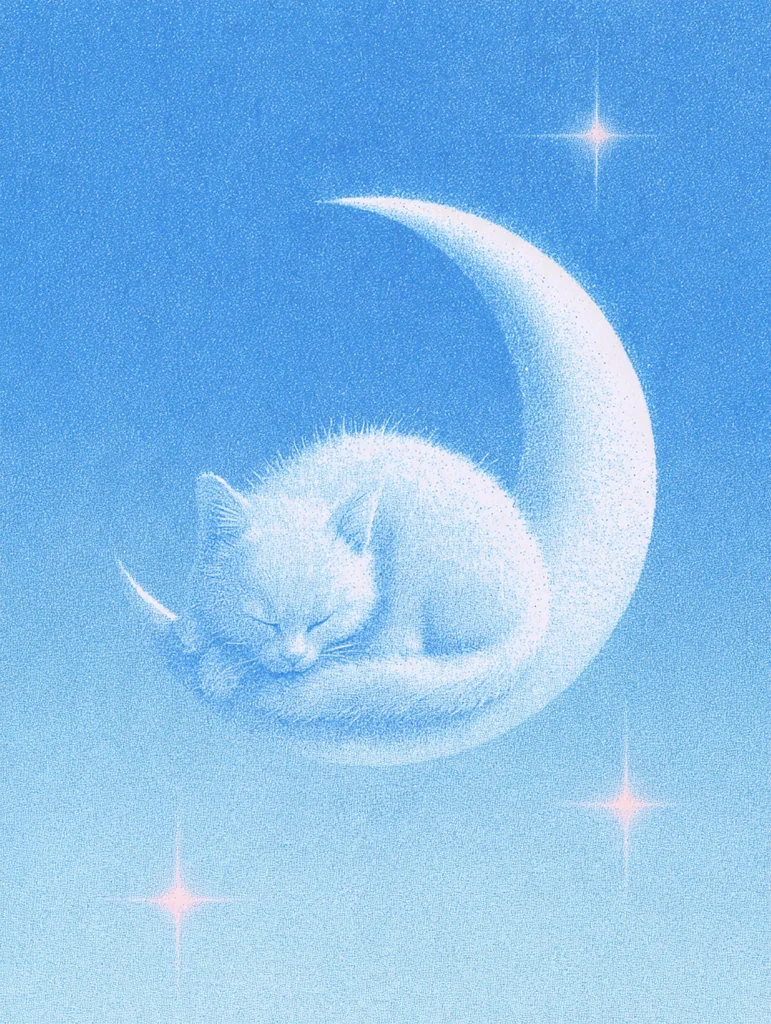 A cat sleeping on a crescent moon in a grainy light blue starry sky