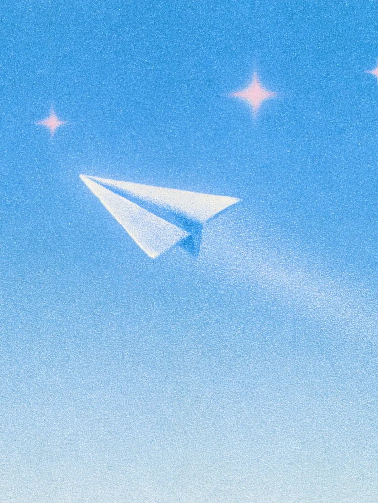 A paper airplane floating in a grainy light blue starry sky