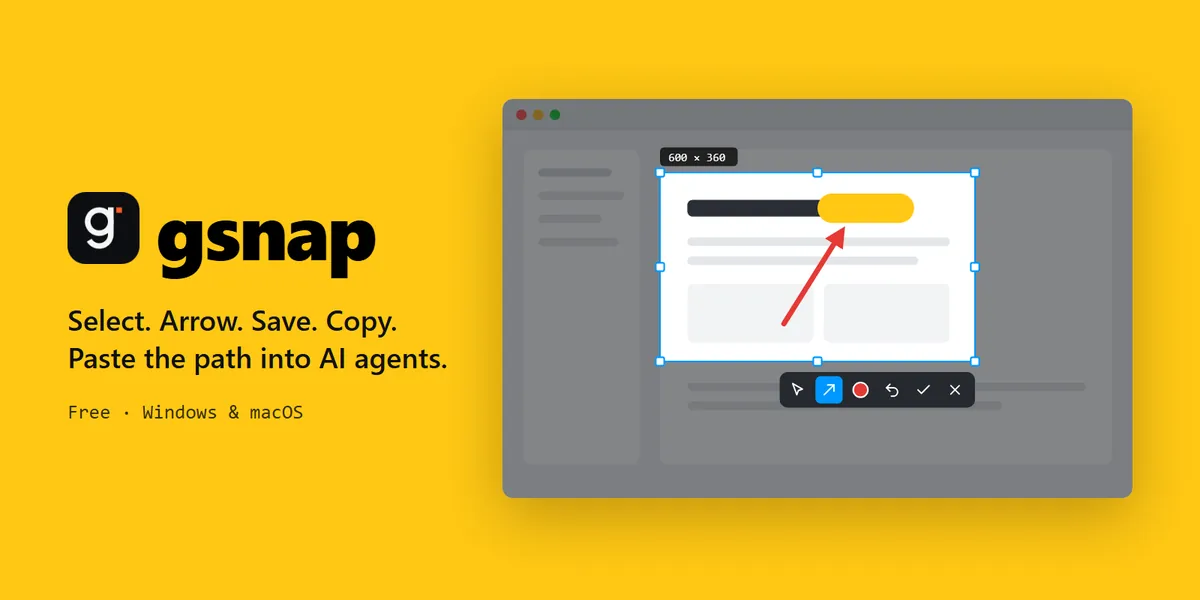 gsnap capture overlay: a selected region with a red arrow and the toolbar