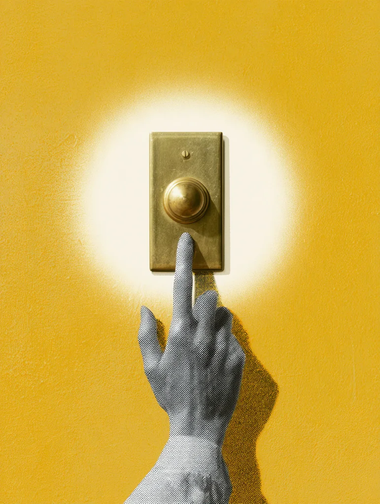 Halftone hand pressing a brass doorbell in a white halo on golden yellow