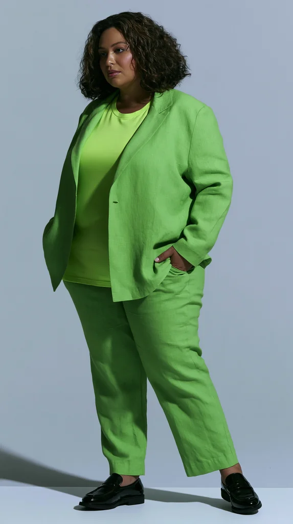 A plus-size woman in a monochrome lime green suit with black shoes in a pale grey studio