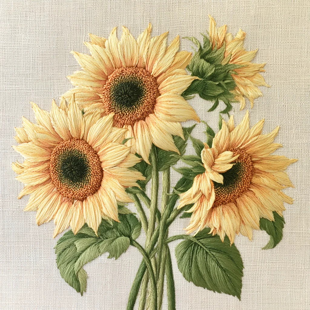 A bunch of sunflowers embroidered in silk thread on natural linen