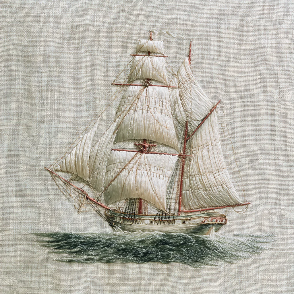 A sailing ship embroidered in silk thread on natural linen
