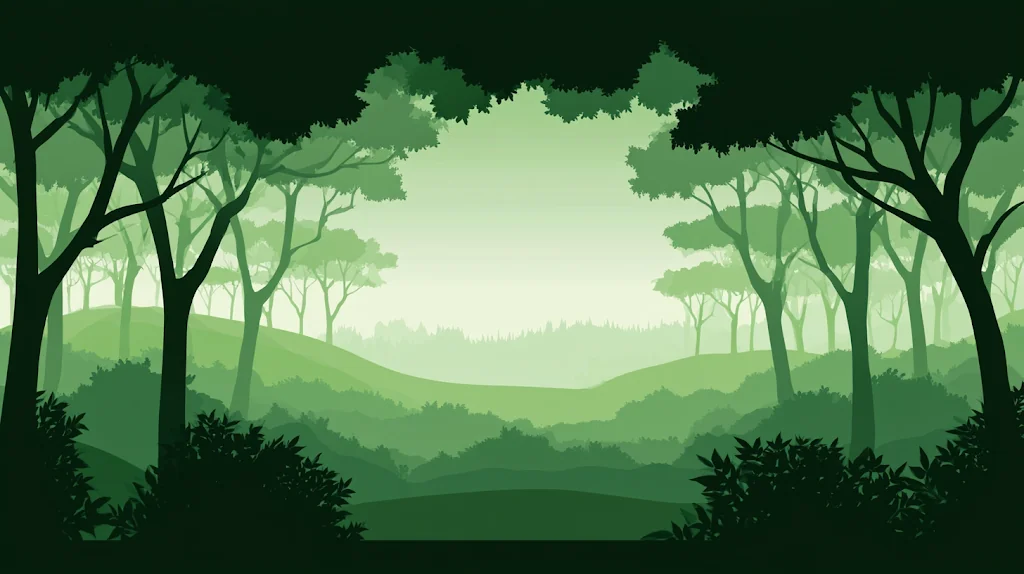 Layered green paper-cut forest silhouettes around a misty clearing at dawn