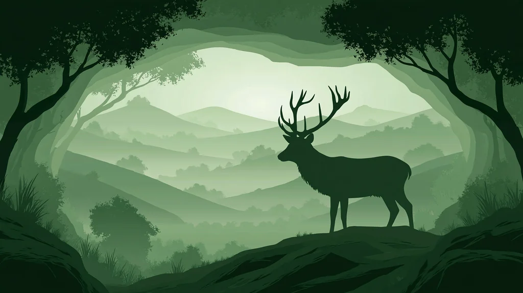 A stag silhouette on a ridge in layered green paper-cut hills fading into mist