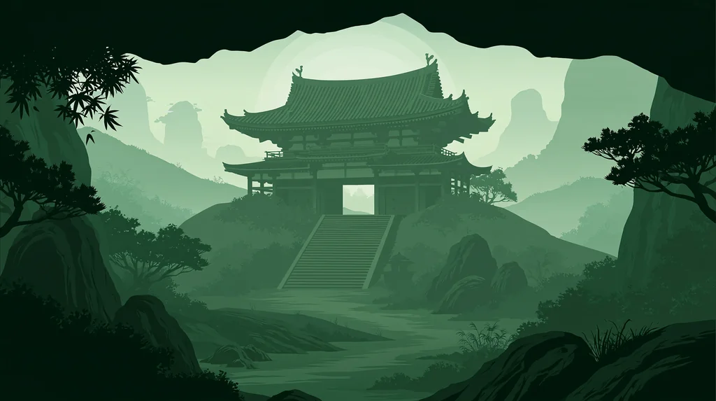 A Japanese temple on a hill in monochrome green paper-cut layers