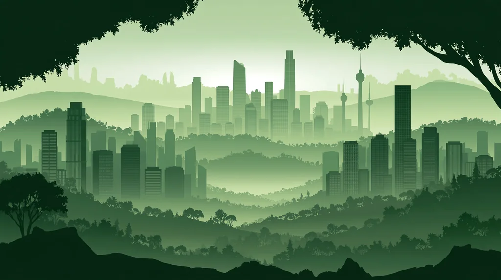 A city skyline fading into mist in monochrome green paper-cut layers