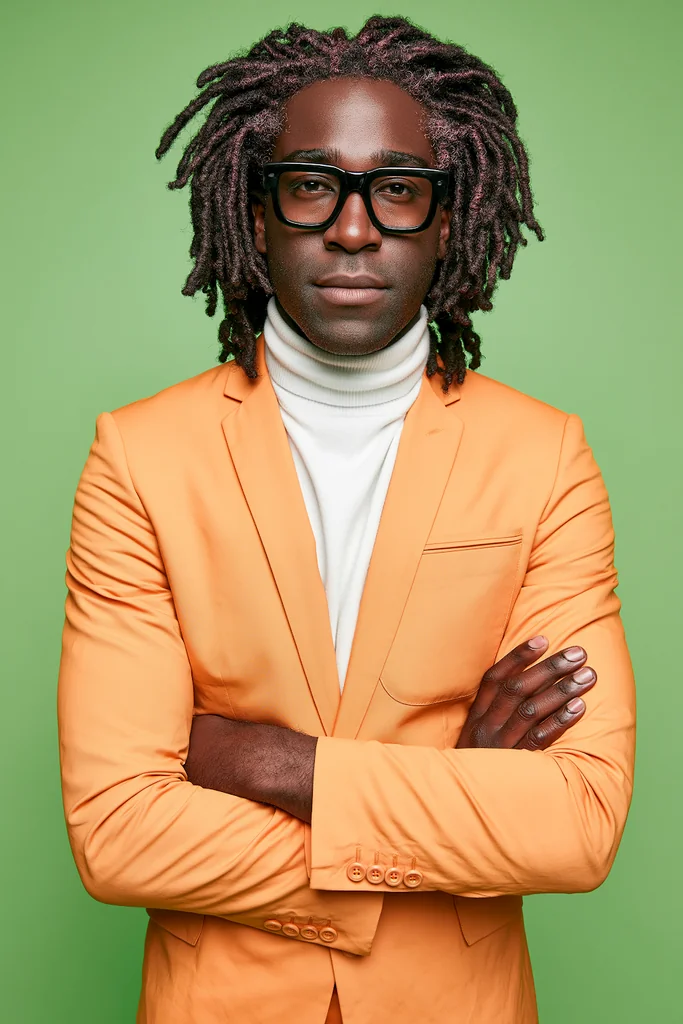 Man in a mustard suit jacket and white turtleneck, arms crossed, green studio backdrop