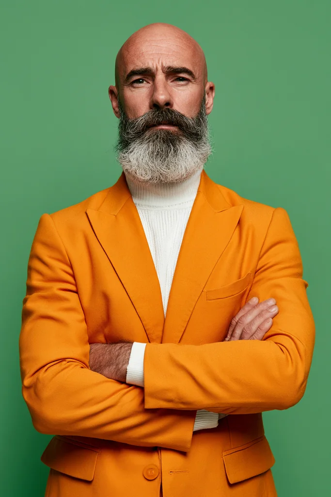Bald man with a gray beard in a mustard suit jacket and white turtleneck, arms crossed, green studio