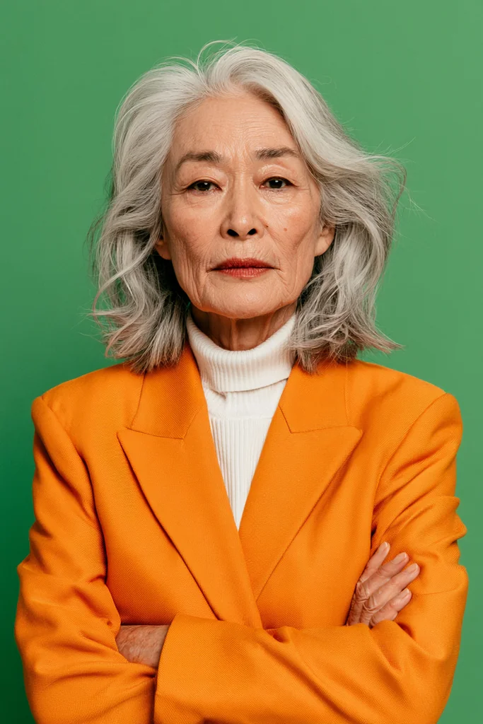 Elderly woman with silver hair in a mustard suit jacket and white turtleneck, arms crossed, green studio