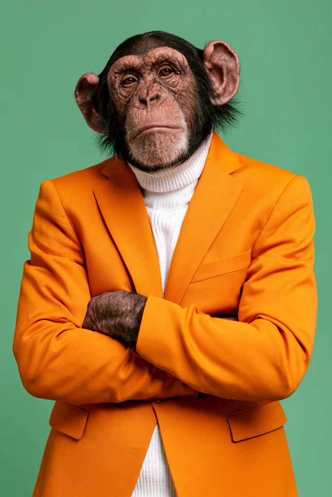 Chimpanzee in a mustard suit jacket and white turtleneck, arms crossed, green studio