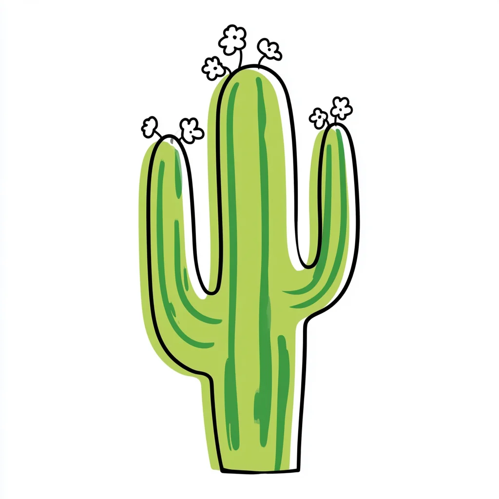 A cute green cactus doodle icon with a thick black outline offset from its flat color fill on white
