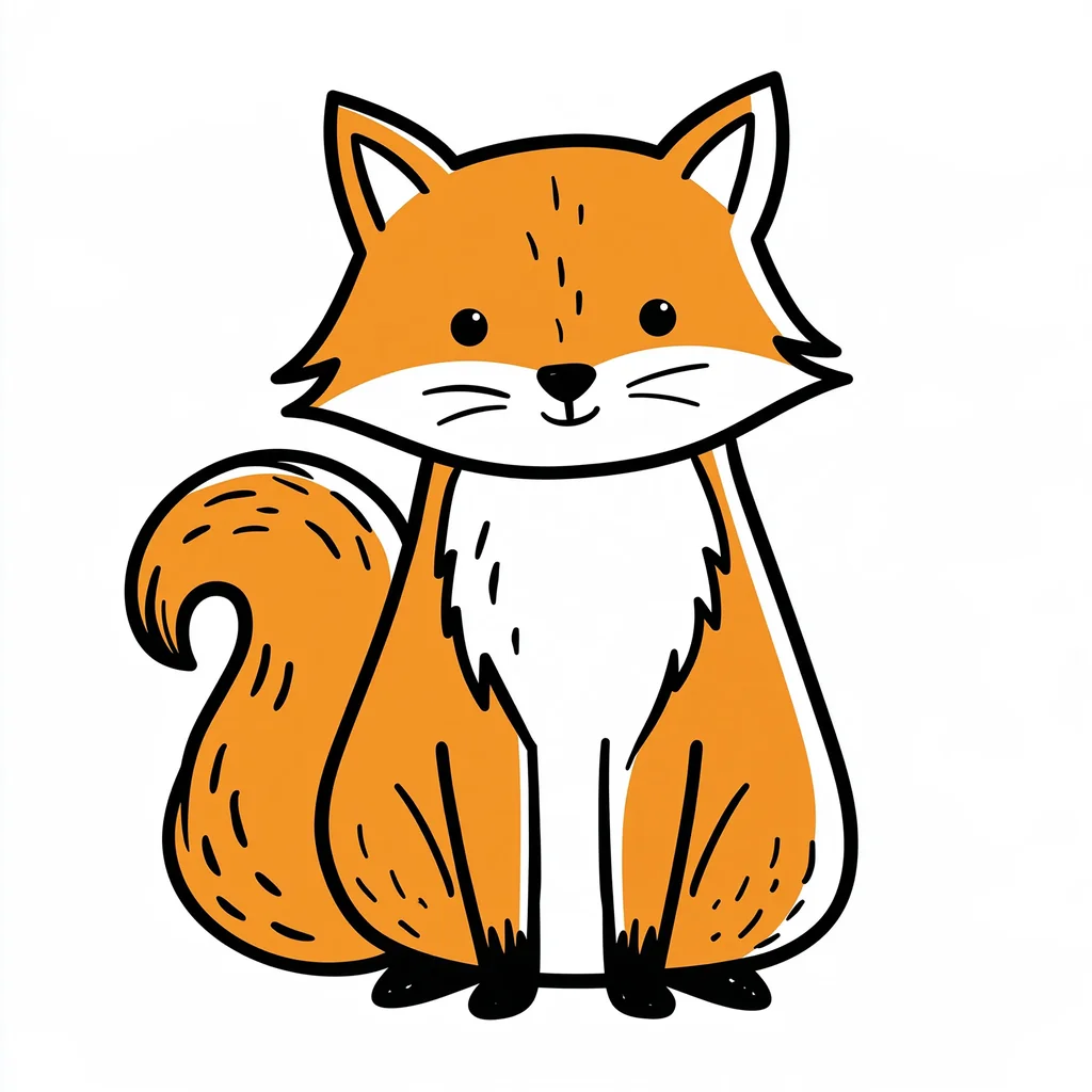 A sitting fox doodle with a thick black outline offset from its flat orange fill on white