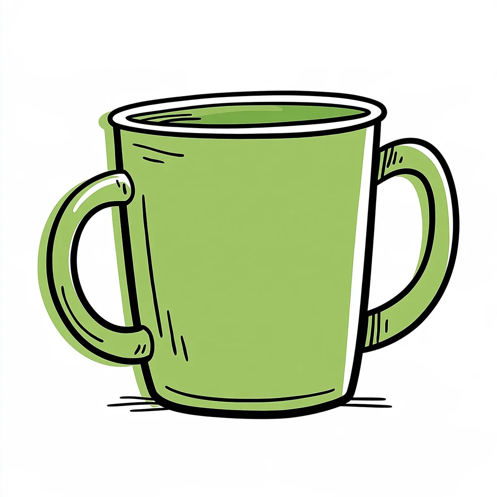 A green mug doodle with a thick black outline offset from its flat fill on white