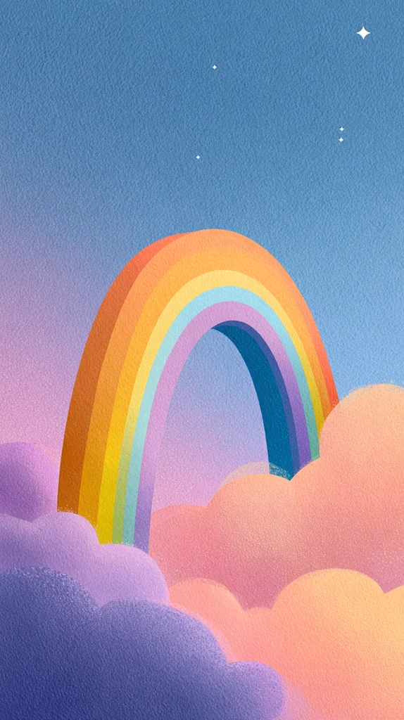 A rainbow resting on grainy purple and peach clouds under a blue sky with tiny white stars