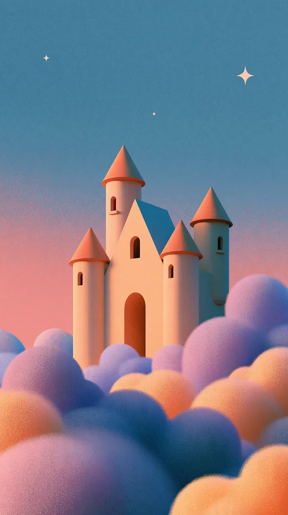 A small castle rising from pastel clouds under a blue to pink sky with tiny stars