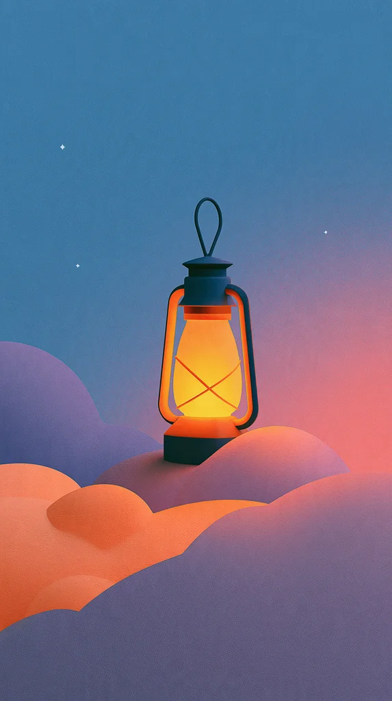 A glowing lantern resting on peach clouds in a soft grainy children's book sky