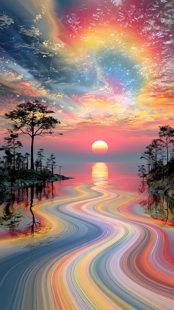 Tree silhouettes under a swirling marbled sunrise, water flowing in rainbow ribbons