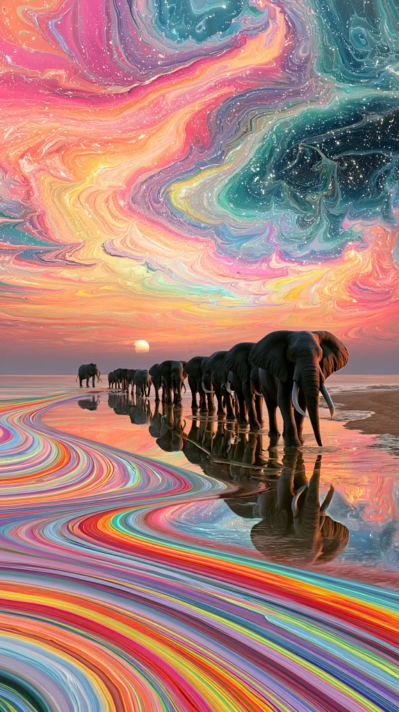 A herd of elephants crossing the shallows under a swirling marbled sunrise, rainbow ribbon water