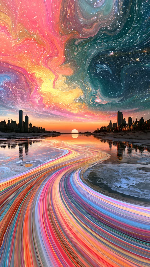 A city skyline under a swirling marbled sunrise, rainbow ribbon water