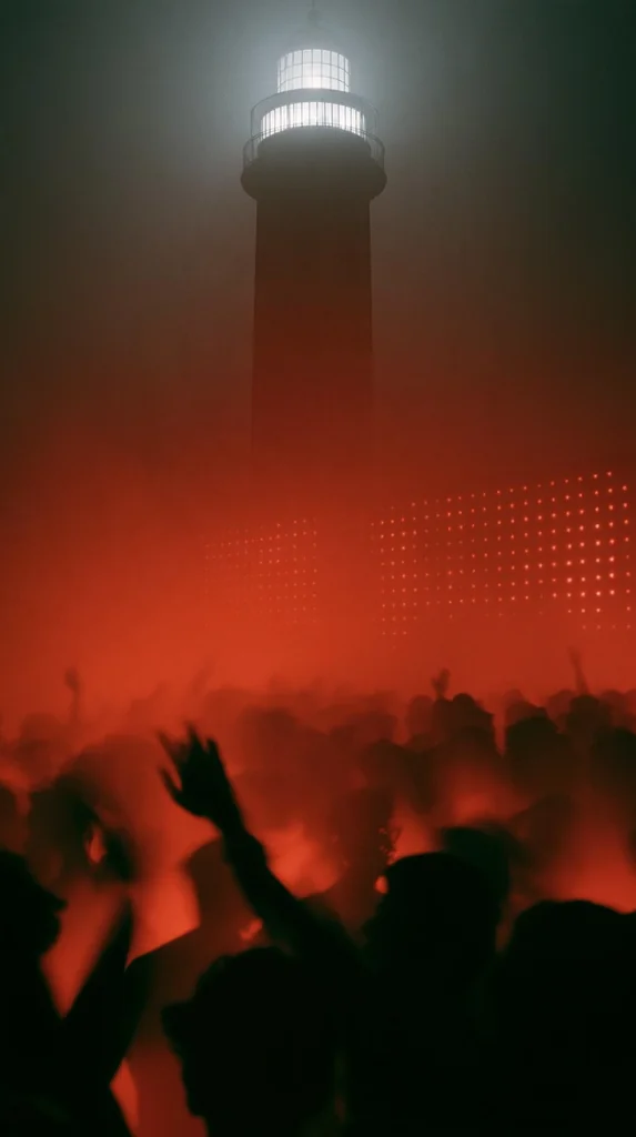 A lighthouse rising through smoke above a crowd with raised hands in deep red light