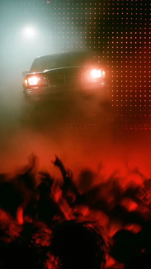A vintage car with glowing headlights in stage haze above a blurred red crowd