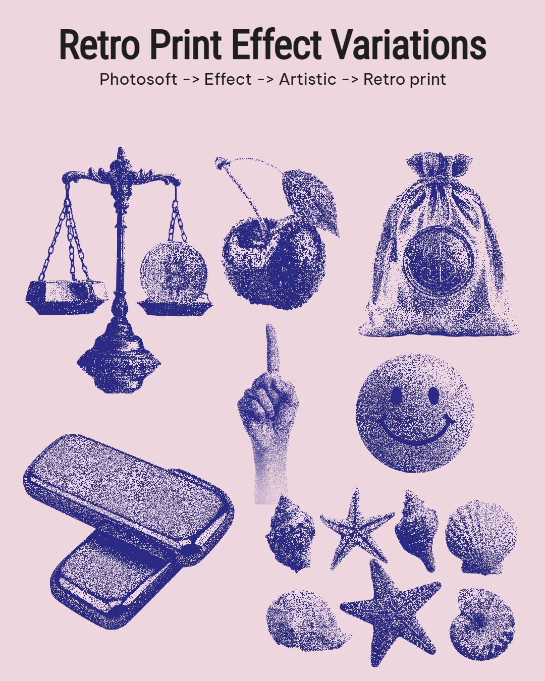 Retro Print Effect Variations — objects printed in blue ink on pink paper