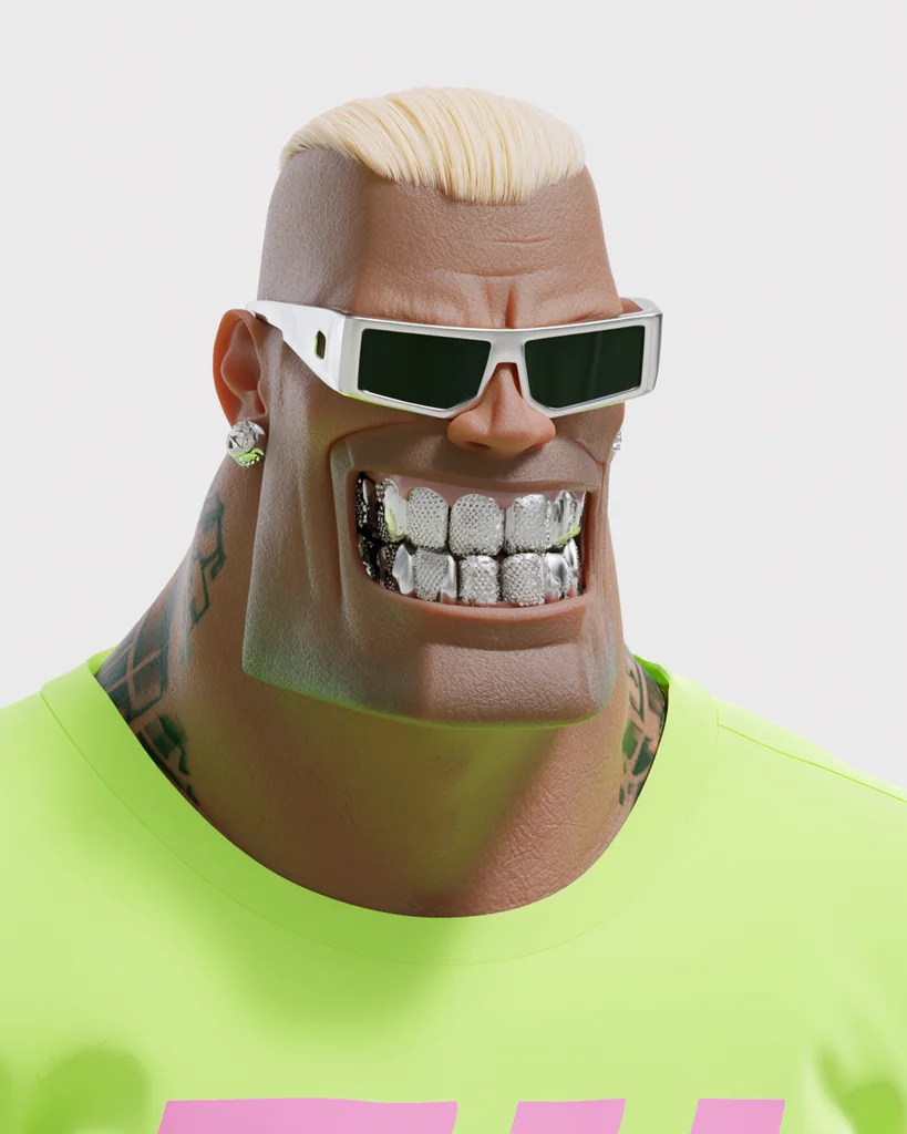 A stylized 3D caricature with a huge jaw, silver sunglasses, silver teeth and a neon green t-shirt on white