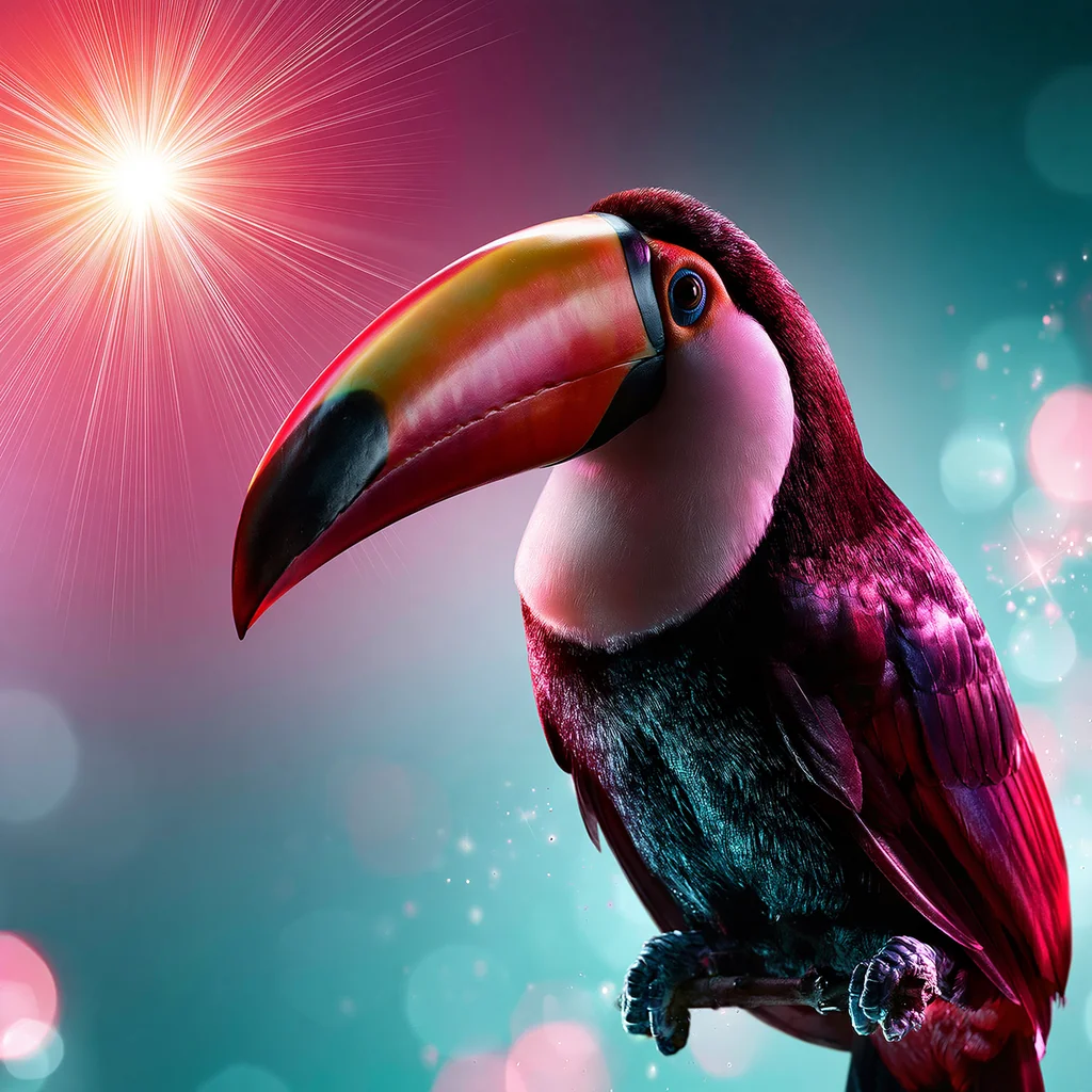 A toucan on a glowing pink and teal flyer backdrop with a sun flare and bokeh