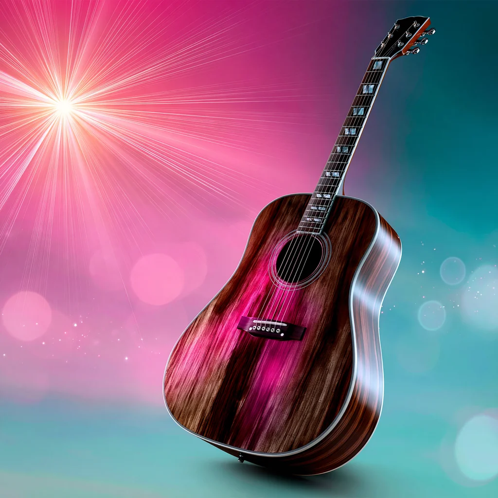 An acoustic guitar on a glowing pink and teal flyer backdrop with a bright sun flare