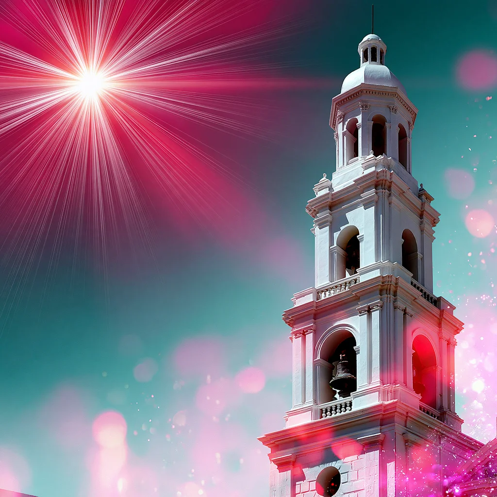A white church tower in the lower right of a pink and teal flyer backdrop with a sun flare and bokeh